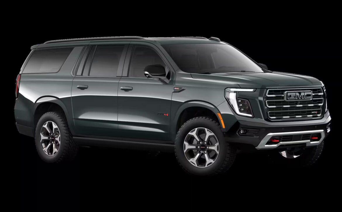 2026 GMC Yukon Denali XL AT4 Ultimate with the 6.2L V8 Petrol engine in striking Midnight Pine Metallic, featuring a premium Obsidian Rush interior with red accents and full-grain leather seating surfaces.