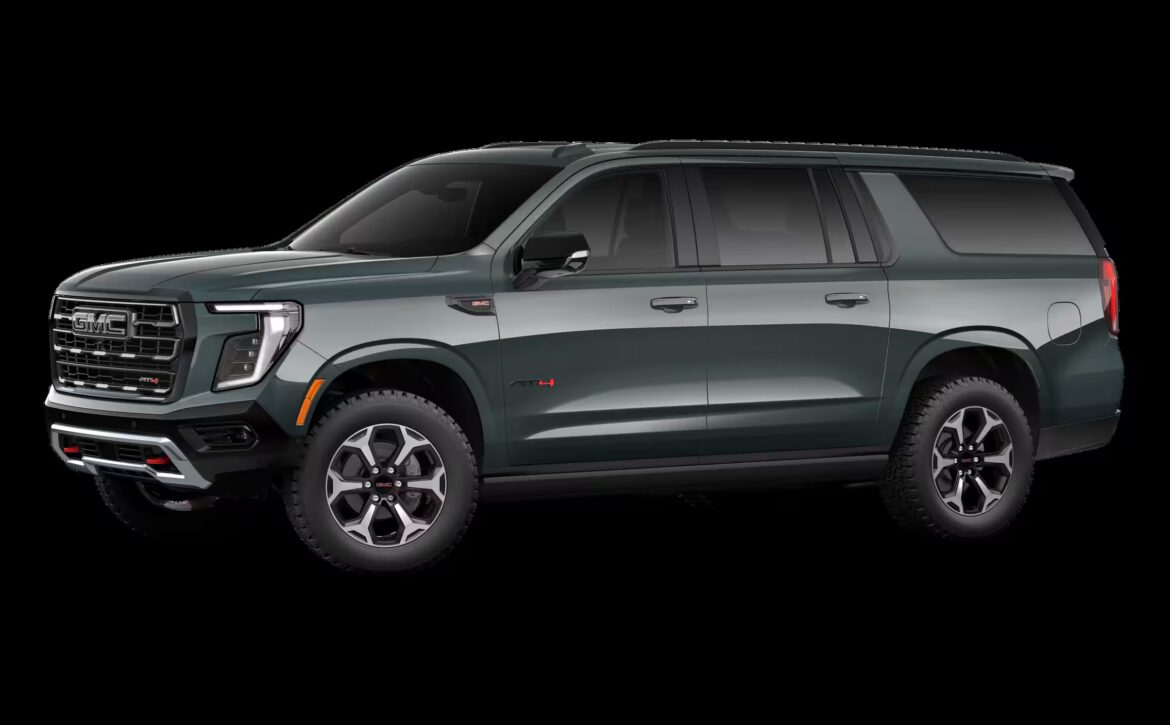 2026 GMC Yukon Denali XL AT4 Ultimate with the 6.2L V8 Petrol engine in striking Midnight Pine Metallic, featuring a premium Obsidian Rush interior with red accents and full-grain leather seating surfaces.